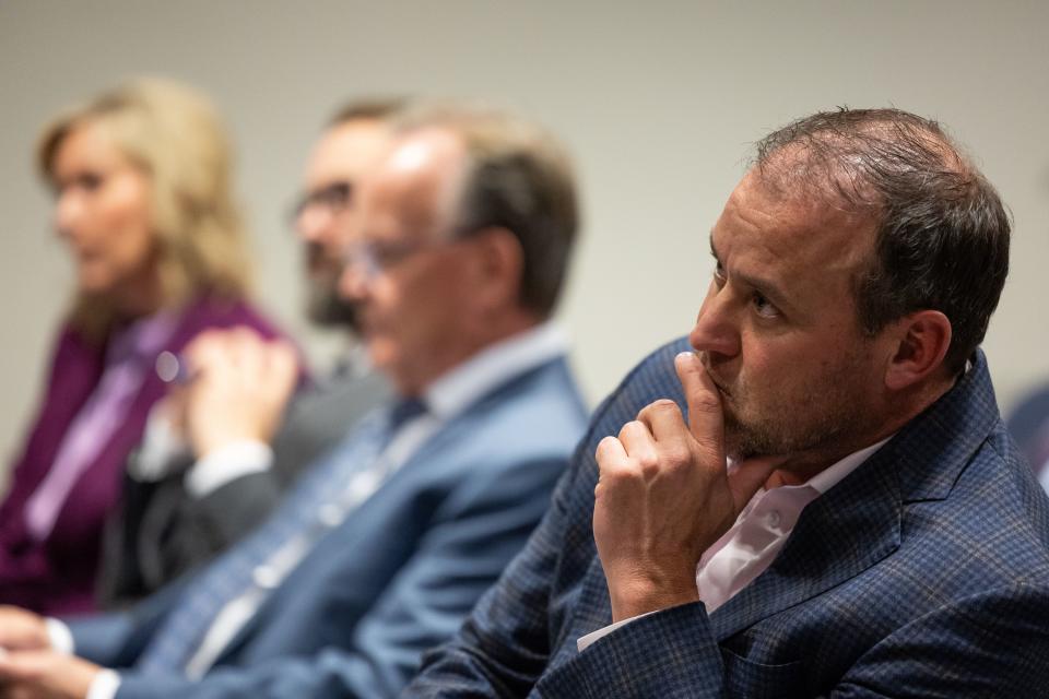 House Speaker Mike Schultz, R-Hooper, listens as Gov. Spencer Cox speaks during a press conference about campus free speech at the Utah System of Higher Education office in Salt Lake City on Friday, Dec. 1, 2023. | Spenser Heaps, Deseret News
