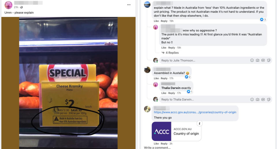 A screenshot of a woman's Facebook post about an Australian Made label on cheese kransky in Coles and some comments in response. Source: Facebook