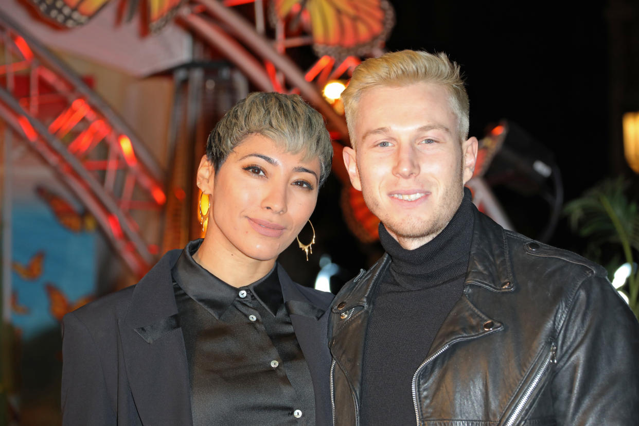 LONDON, ENGLAND - JANUARY 13:  Karen Hauer and Jordan Wyn-Jones attend the London Premiere of Cirque de Soleil's 