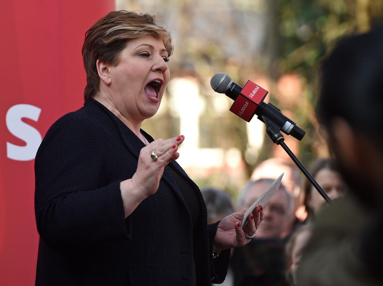 Labour party shadow foreign secretary Emily Thornberry addresses a rally on February 23, 2019, in Broxtowe, central England, where former Conservative member of parliament, Anna Soubry has recently resigned to join an Independent Group of MPs. (Photo by Oli SCARFF / AFP)        (Photo credit should read OLI SCARFF/AFP/Getty Images)