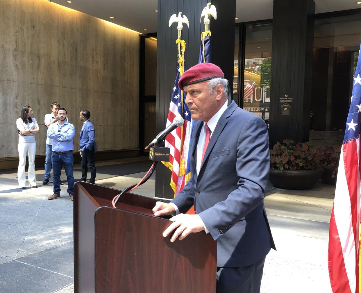 Curtis Sliwa gives a press conference in Midtown Manhattan on Wednesday, June 23, a day after winning the GOP primary for New York City mayor. 