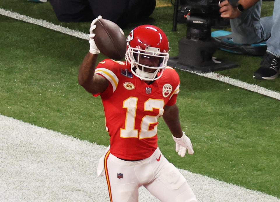 Kansas City Chiefs' Mecole Hardman Jr. celebrates scoring the winning touchdown