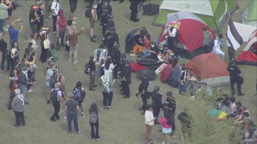 Police crews responded to an encampment at a pro-Palestine protest at the Auraria campus in Denver, Colorado, on April 26, 2024. (KDVR)