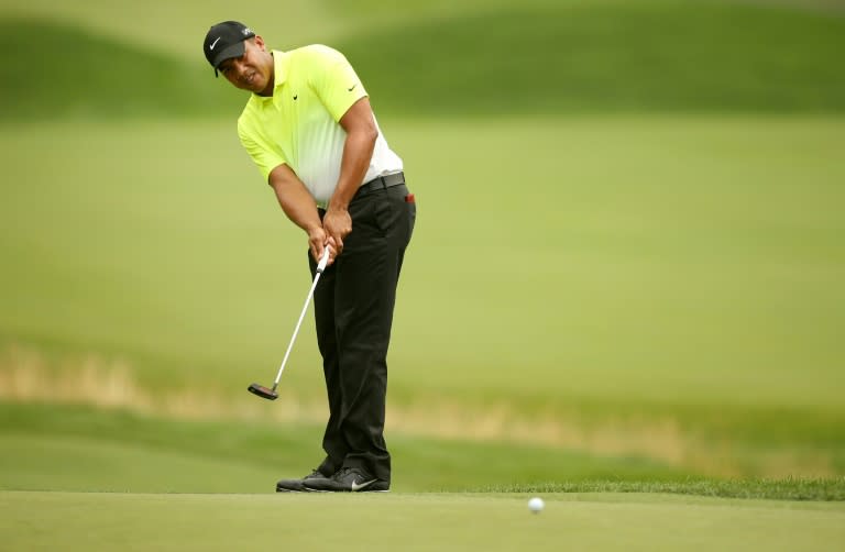 Jhonattan Vegas putts on the 12th hole during the first round of the Greenbrier Classic at the Old White TPC on July 2, 2015 in White Sulphur Springs, West Virginia