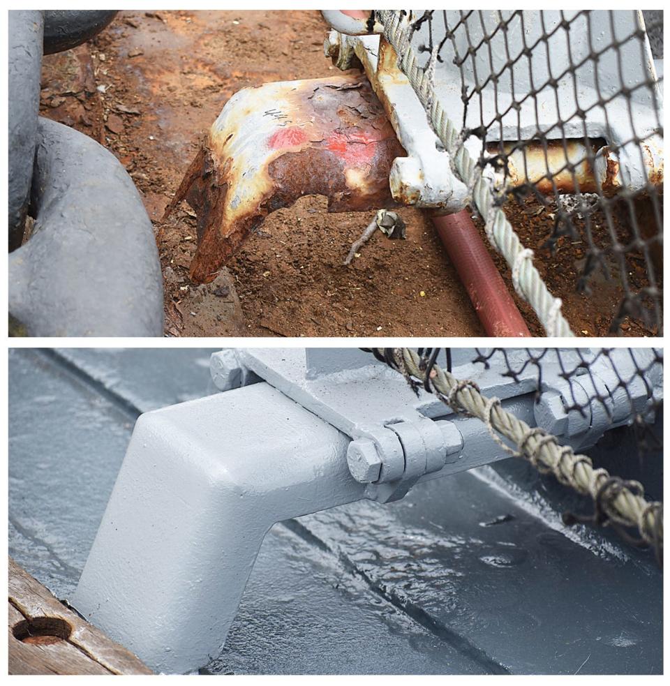 Corroded and new stanchion supports on the ship.