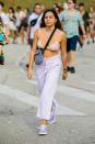 <p>Go for a pastel-printed swim top or bralette with high-waisted denim culottes in a fun shade like lavender. Match your shoes to your pants and mix in another print, such as checkerboard or paisley to add more dimension.</p>