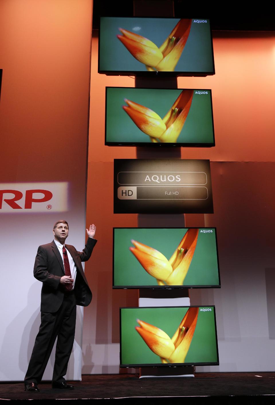 Senior Vice President, Strategic Product Marketing, Sharp Electronics Marketing Corporation of America Jim Sanduski speaks during a news conference announcing the new lineup of Sharp televisions, including a 4K lite, at the Consumer Electronics Show press day on Monday, Jan. 6, 2014, in Las Vegas. (AP Photo/Isaac Brekken)