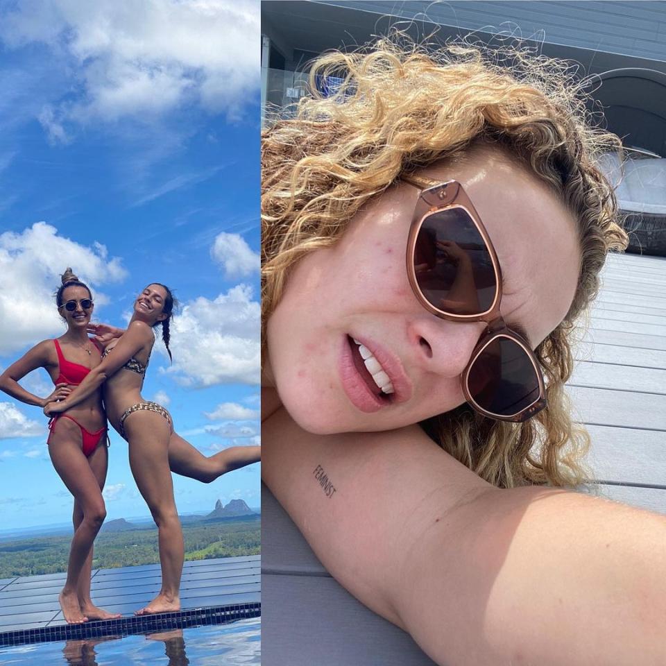 Abbie took to Instagram to share a side-by-side photo of her friends in bikinis and herself taking the photo, revealing the hilarious reality of photoshoots with friends. Photo: Instagram/Abbie Chatfield