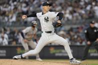 New York Yankees' Luke Weaver pitches during the sixth inning of the team's baseball game against the Houston Astros, Thursday, May 9, 2024, in New York. (AP Photo/Frank Franklin II)