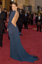 <p>The navy blue backless Guy Laroche worn by Hilary Swank in 2005 was truly classy, sexy and appropriate. The front featured a curve-hugging style with long sleeves and a high neck but it was all party in the back with a daring, swooping backless design.</p>