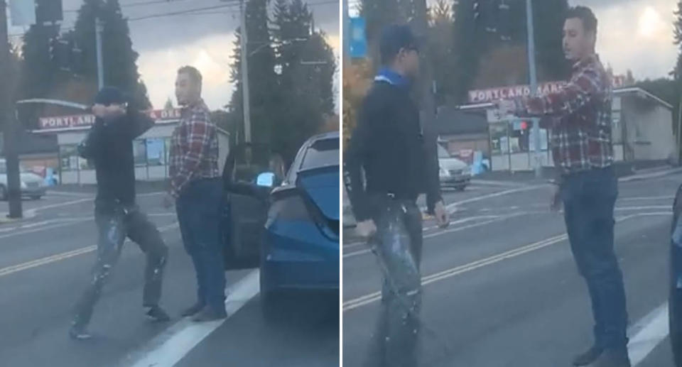 A driver in the U.S. has been caught on camera wielding a sword at another motorist who then pulls a rifle out of his boot in a shocking road rage stand-off. Source: Twitter/MrAndyNgo