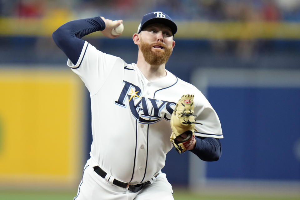 Tampa Bay Rays pitcher Zack Littell delivers to the St. Louis Cardinals during the first inning of a baseball game Thursday, Aug. 10, 2023, in St. Petersburg, Fla. (AP Photo/Chris O'Meara)