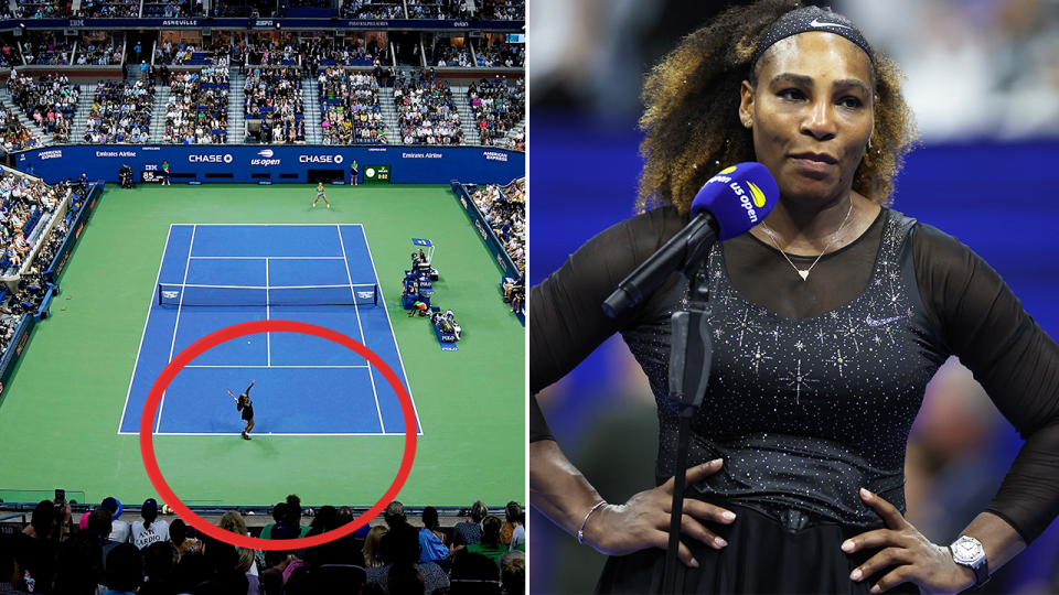 Serena Williams (pictured right) during her on-court US Open interview and (pictured left) Serena Williams serving.