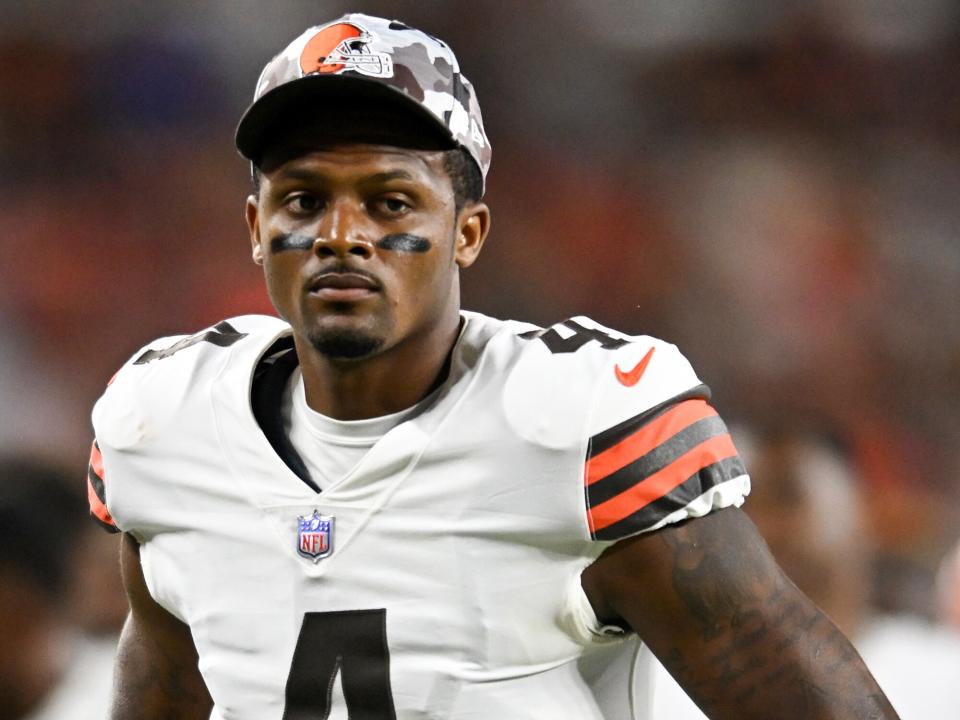 Deshaun Watson #4 of the Cleveland Browns runs off the field at halftime of a preseason game against the Chicago Bears at FirstEnergy Stadium on August 27, 2022 in Cleveland, Ohio