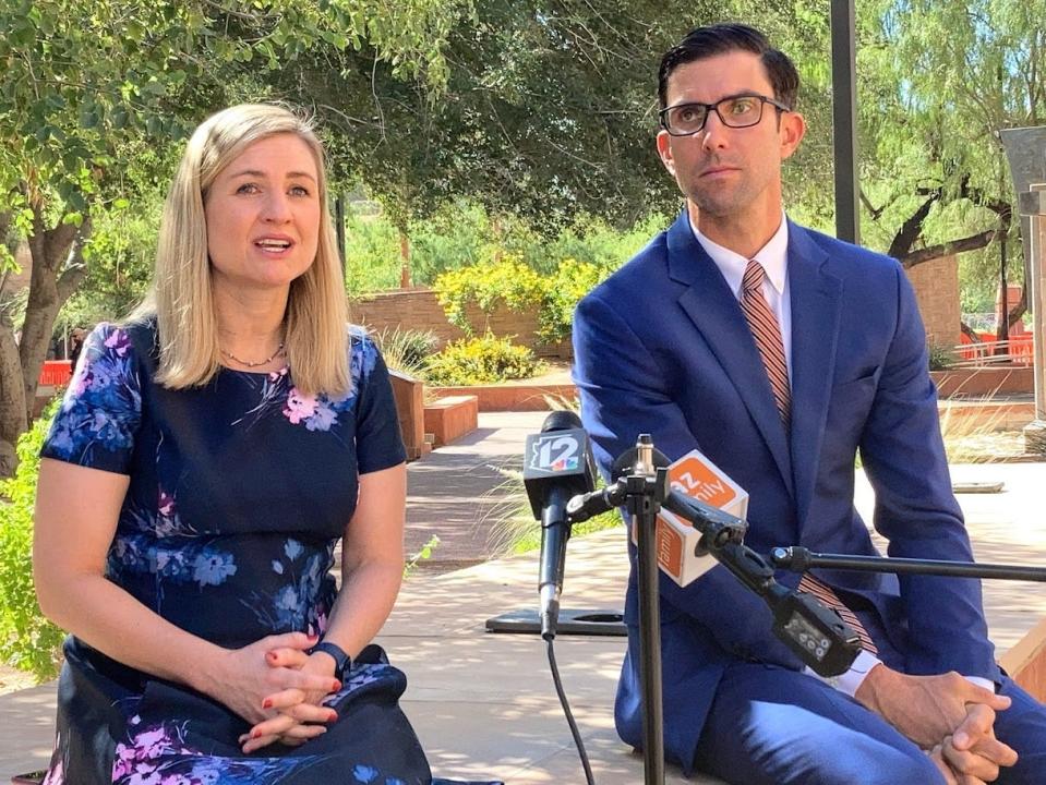 Phoenix Mayor Kate Gallego on Wednesday introduced new heat mitigation officer David Hondula in the shade of trees on a plaza outside City Hall. Hondula said a tree-planting is a top priority.