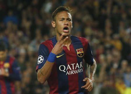 Football - FC Barcelona v Paris St Germain - UEFA Champions League Quarter Final Second Leg - Nou Camp, Barcelona - Spain - 21/4/15 Neymar celebrates after scoring the second goal for Barcelona Reuters / Albert Gea