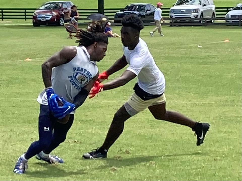 Plant running back/linebacker Waltez Clark tried to make a stop against Eustis in the Florida High School 7v7 Association State Championship Tournament at the Villages Polo Grounds on Friday.