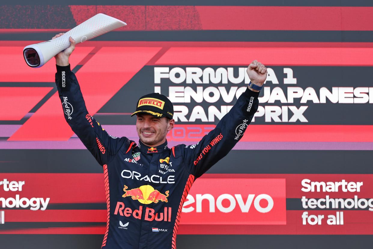 Red Bull Racing's Dutch driver Max Verstappen celebrates during the awarding ceremony after the race of the Formula One Japan Grand Prix held at the Suzuka Circuit in Suzuka City, Japan, Sept, 2023. (Photo by Qian Jun/Xinhua via Getty Images)