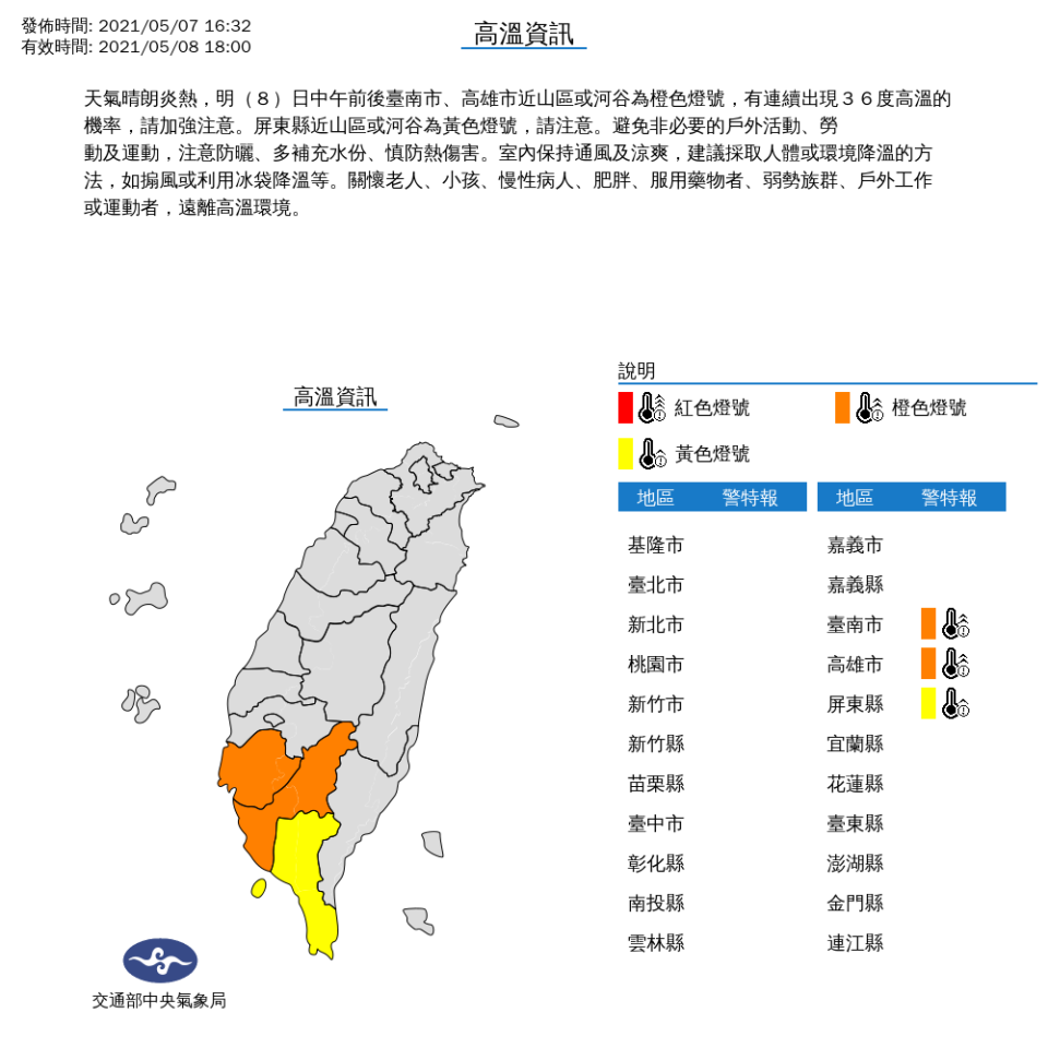 氣象局表示，8日中午前後台南市、高雄市近山區或河谷為橙色燈號，有連續出現36度高溫的機率，請加強注意。屏東縣近山區或河谷為黃色燈號，請注意。（圖取自氣象局網站）