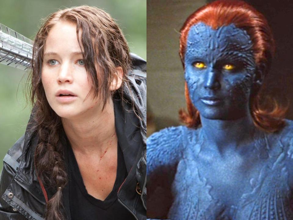 On the left: Jennifer Lawrence as Katniss Everdeen in "The Hunger Games." On the right: Lawrence as Mystique in "X-Men: First Class."