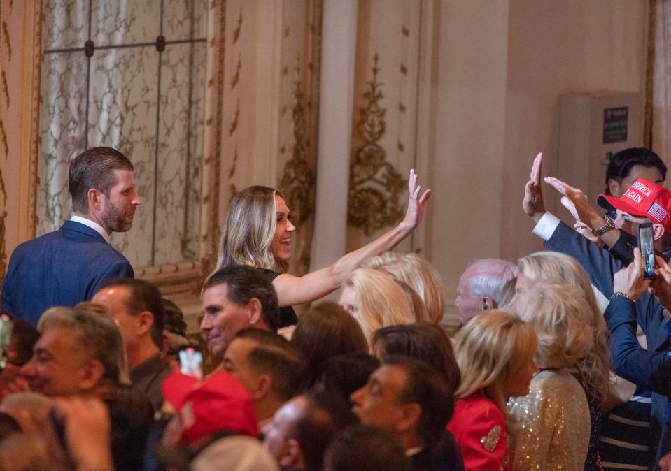 Eric Trump, left, with his wife Lara Trump, attend the Super Tuesday watch party for former president Donald Trump at Mar-a Lago on March 5.
