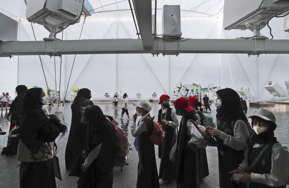 Students visit the Brazil Pavilion at the Dubai Expo 2020, in Dubai, United Arab Emirates, Sunday, Oct, 3, 2021. (AP Photo/Kamran Jebreili)