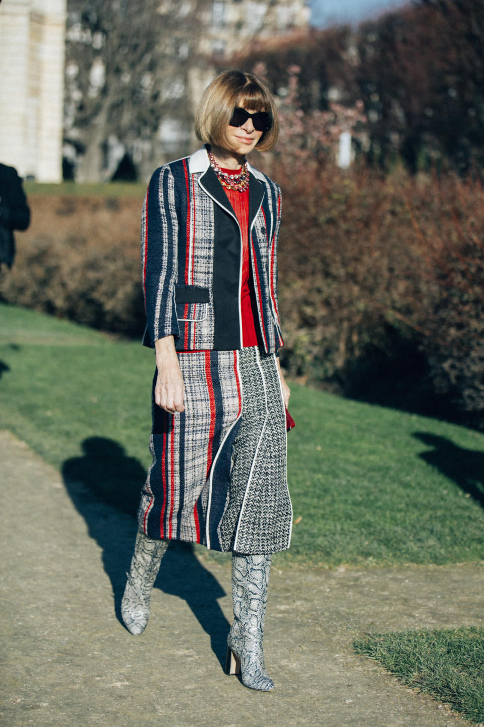 Anna Wintour in a striped skirt suit at the Dior spring/summer 2016 haute couture show in Paris.