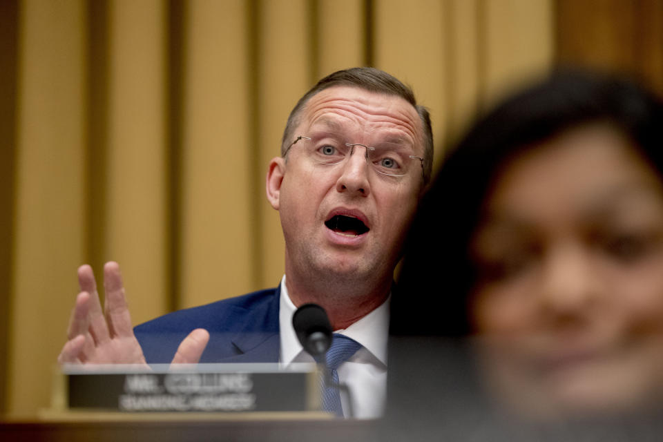 Judiciary Committee Ranking Member Rep. Doug Collins, R-Ga., questions Acting Attorney General Matthew Whitaker as he appears before the House Judiciary Committee on Capitol Hill, Friday, Feb. 8, 2019, in Washington. Whitaker insisted on Friday that he has not "interfered in any way" in the special counsel's Russia investigation as he faced a contentious and partisan congressional hearing in his waning days on the job. (AP Photo/Andrew Harnik)