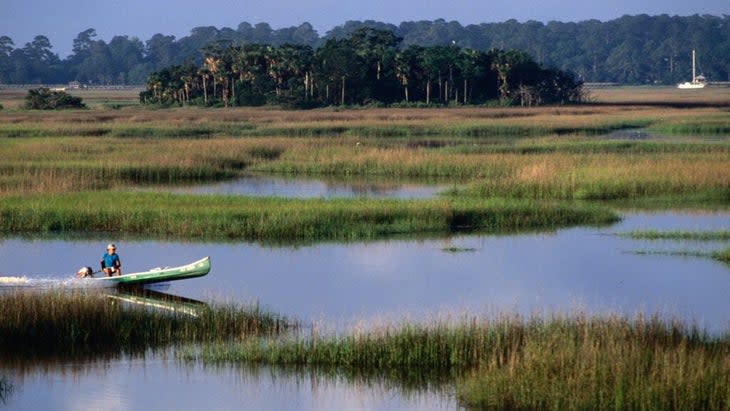 A man motors an outrigger canoe across the swampy waters of Tybee Island