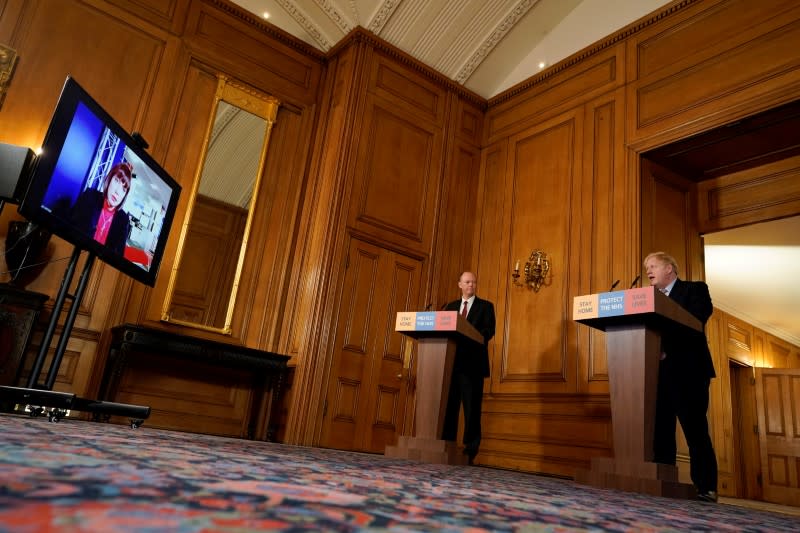 Britain's Prime Minister Boris Johnson speaks during his first remote news conference on the coronavirus disease (COVID-19) outbreak, at Downing Street in London