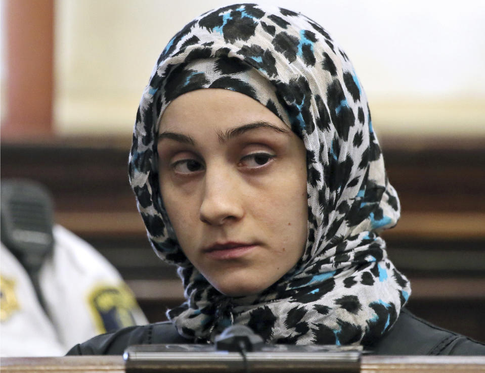 Aliana Tsarnaeva, sister of Boston Marathon bombing suspect Dzhokhar Tsarnaev, listens during a hearing in South Boston District Court.