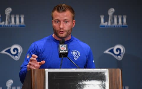 Los Angeles Rams head coach Sean McVay answers questions from the media during press interviews at Marriott Atlanta Buckhead - Credit: USA TODAY