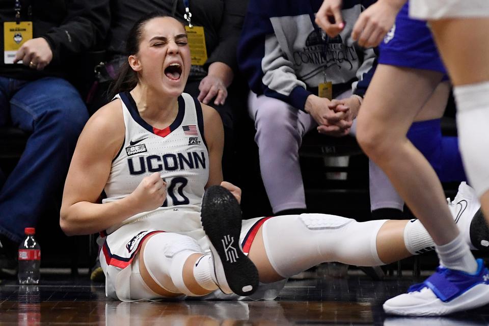 UConn's Nika Muhl reacts to a call against Seton Hall during the Huskies'  71-38 win Friday in Storrs.