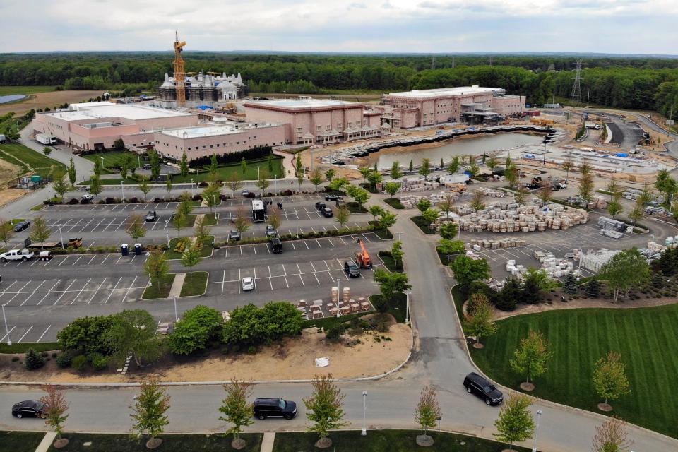 <p>A view of the BAPS Shri Swaminarayan Mandir in Robbinsville Township, New Jersey, on 11 May, 2021. A lawsuit claims workers from marginalized communities in India were lured to New Jersey and forced to work more than 12 hours per day at slave wages to help build a Hindu temple</p> (AP)