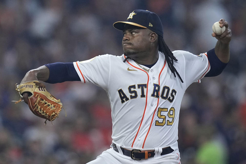 Houston Astros starting pitcher Framber Valdez delivers during the first inning of a baseball game against the Chicago White Sox, Thursday, March 30, 2023, in Houston. (AP Photo/Kevin M. Cox)