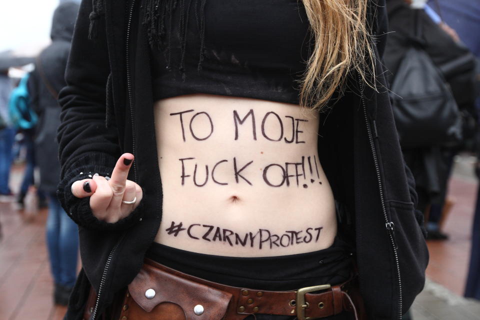 Several thousand people took part in the so-called Black Protest or General Woman Strike in response to a proposed bill to completely ban abortion in the country, in Gdansk, Poland, on Oct. 3, 2016.