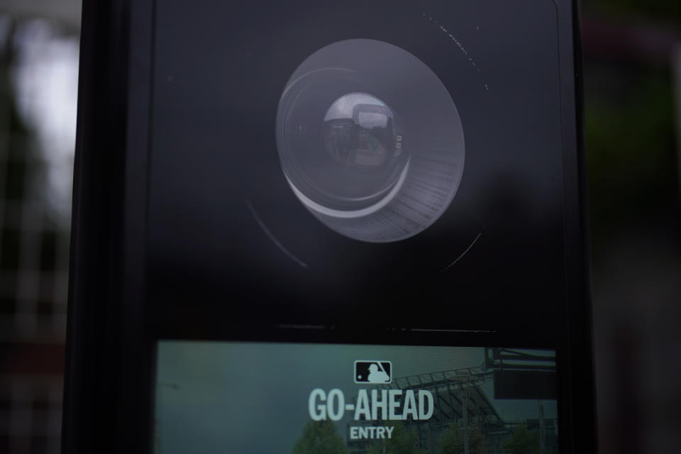 A facial scan camera is seen at Citizens Bank Park before a baseball game between the Los Angeles Angels and the Philadelphia Phillies, Tuesday, Aug. 29, 2023, in Philadelphia. The Philadelphia Phillies ballpark is the site of an MLB pilot program that allows ticketed fans to walk into the stadium just through facial recognition. (AP Photo/Matt Slocum)