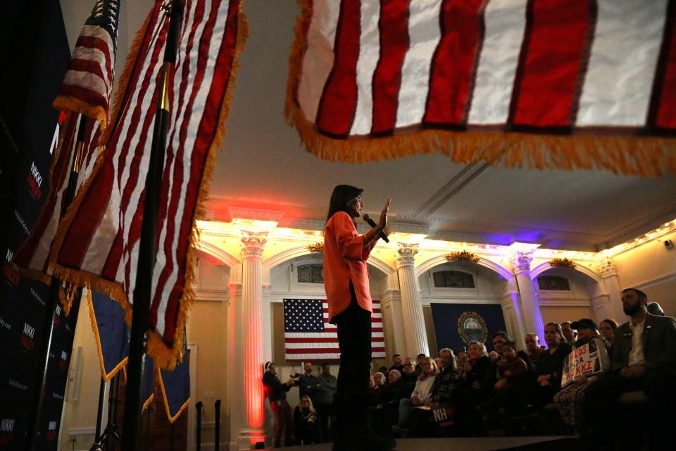Nikki Haley spoke in front of a crowd of voters at the Omni Mount Washington Resort in Bretton Woods, New Hampshire Jan. 16. 2024.