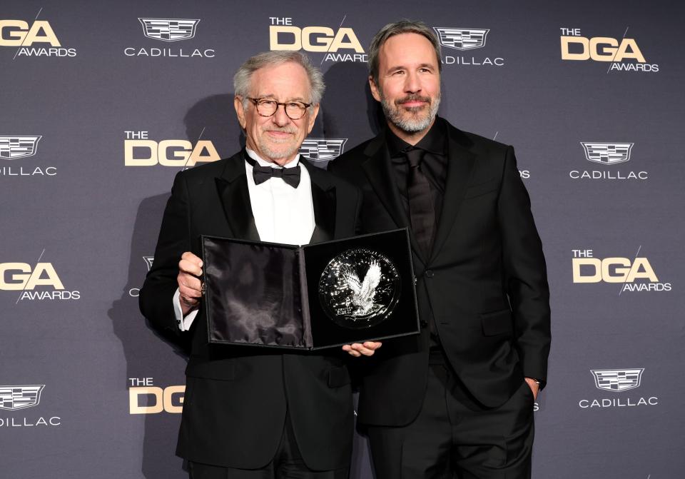 Steven Spielberg and Denis Villeneuve at the 75th Directors Guild of America Awards - Credit: Monica Schipper/Getty Images