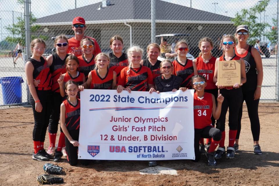 The 12-U Devils Lake Youth Fastpitch team poses for a photo following their championship victory. 

Back row of players from left to right: Charlie Soderstrom, Lauren Mikkelson, Tori Mikkelson, Jossalin Carpenter, Reagan Brown, Emersyn Remmick, Dottie Goss, Riley Remmick 

Bottom row of players from left to right: Tenley Triepke, BreElle Leben, Harper Riggin, Ashtyn Mertens, Mara Hogness, Suri Gourd 

Missing: Jolie Cavanaugh 

Back row coaches: Robert Remmick, Christy Remmick