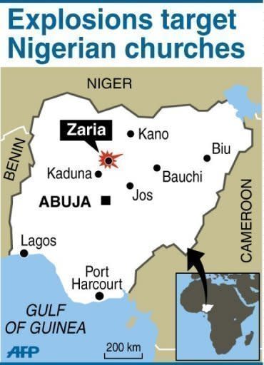 Map of Nigeria locating Zaria where suicide bombers attacked two churches on June 17. Fresh explosions and gunfire rocked a northeastern Nigerian city on Monday, a day after suicide attacks claimed by Islamists and reprisal violence by rampaging Christian mobs left 52 people dead