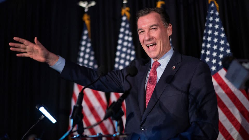 Tom Suozzi delivers his victory speech during his election night party, following a special election to fill the vacancy created by Republican George Santos' ouster from Congress, in Woodbury, New York, on Tuesday, February 13. - Eduardo Munoz/Reuters