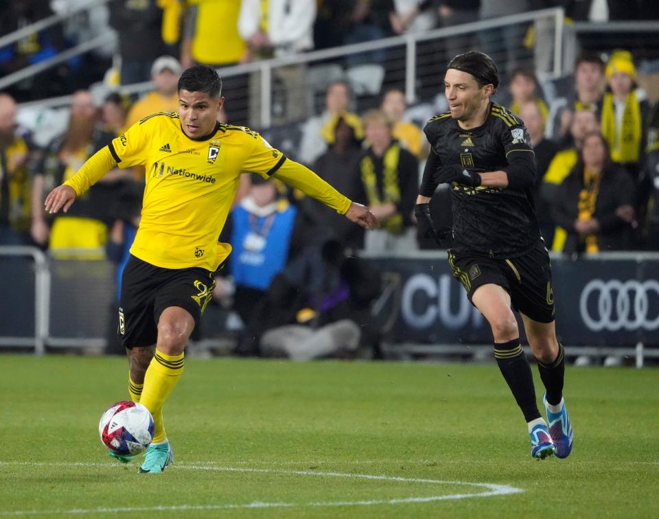 Dec 9, 2023; Columbus, OH, USA; Columbus Crew forward Cucho Hernandez (9) dribbles the ball against Los Angeles FC midfielder Ilie Sanchez (6) in the first half during 2023 MLS CUP at Lower.com Field. Mandatory Credit: Kyle Robertson-USA TODAY Sports