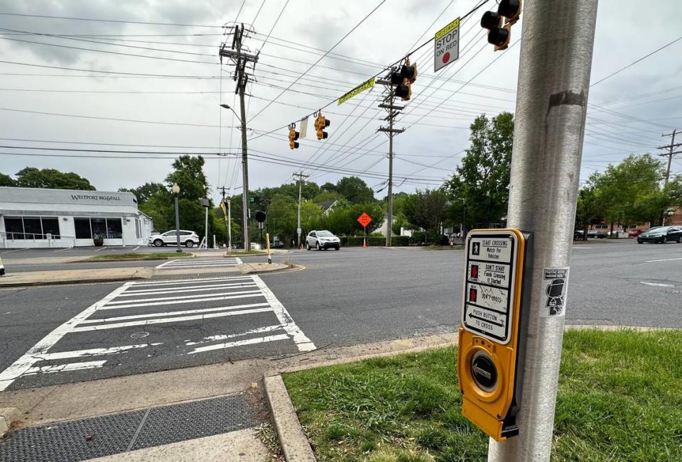 A pedestrian beacon — shown here on South Boulevard — is designed to help pedestrians safely cross busy intersections.