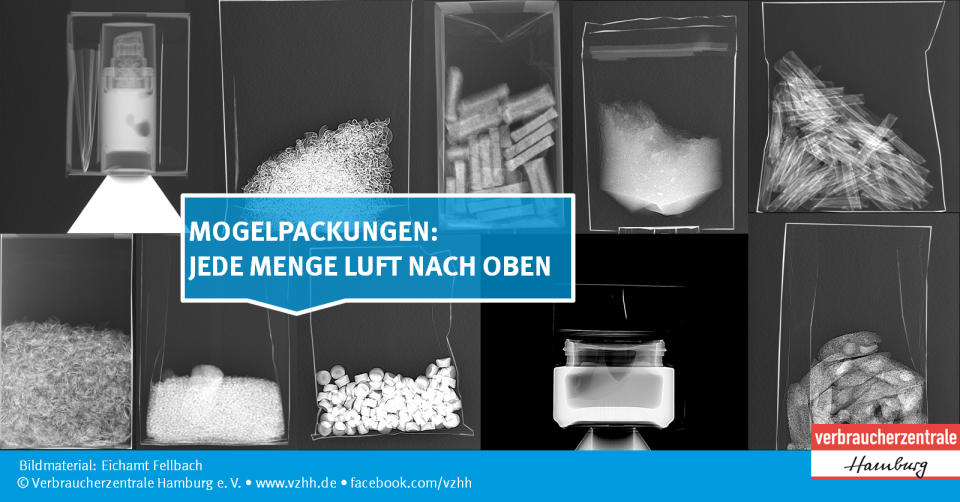 <p><b>Jede Menge Luft nach oben</b><br> Mit überdimensionierten Verpackungen sollen Verbraucher hinters Licht geführt werden. Zum einen ist es ärgerlich, wenn Kunden nach dem Einkauf Verpackungen öffnen und sehen, dass der Inhalt eher spärlich ausfällt. Zum anderen wird auf diese Weise auch noch unnötig viel Müll produziert. Um zu veranschaulichen, wie wenig manchmal drin ist, haben die Hamburger Verbraucherschützer stichprobenartig Röntgenbilder von Packungen erstellt. Die enthielten durchschnittlich 40 Prozent Luft. Besonders negativ fielen auf: Kellogg's Frosties und Risotto Porcino di stagione mit je 49 Prozent Luftanteil, Süßkartoffel Chips mit Rosmarin (46 Prozent Luftanteil), Crispy Cheese Tortilla Rolls Maissnack mit Käsegeschmack (45 Prozent Luftanteil), Knusper-Früchte-Müsli Premium von Netto (45 Prozent Luftanteil) und Knorr Hütten Schmaus Schinkenhörnli mit 44 Prozent Luftanteil. </p>