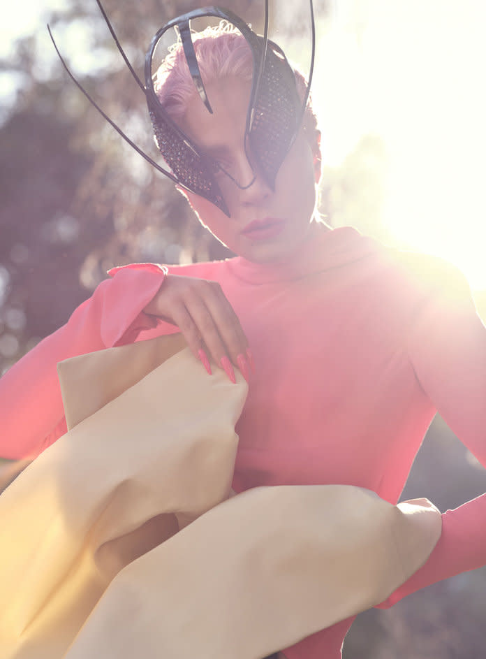 <p>Valentino Haute Couture top and skirt. House of Malakai headpiece. Photo by Nathaniel Goldberg/The Lindsay Thompson Company.</p>