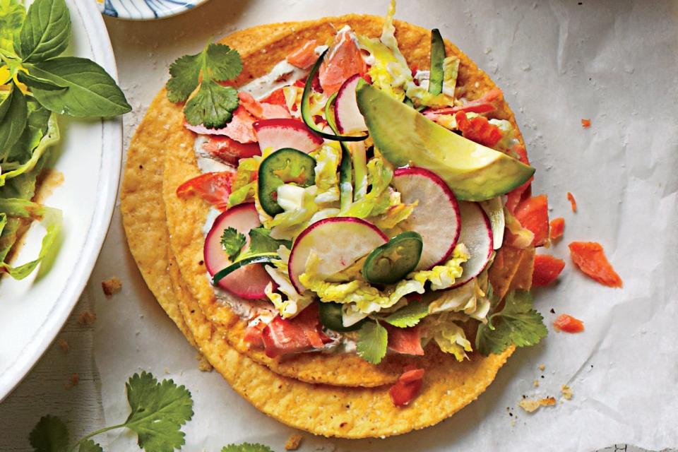 Salmon Tostadas with Zucchini-Radish Slaw