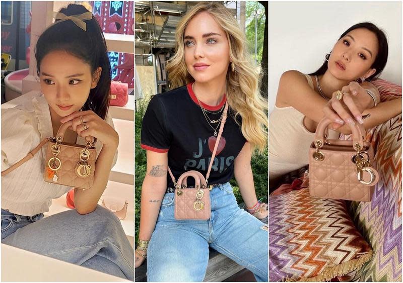 Jisoo（左起）、Chiara Ferragni、孫芸芸都在個人IG上po出微型Lady Dior手袋。（翻攝自Jisoo、Chiara Ferragni、孫芸芸IG）