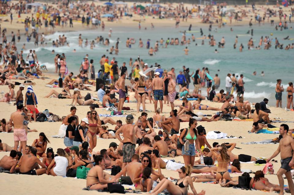 Sunbathers are seen on Bondi Beach.