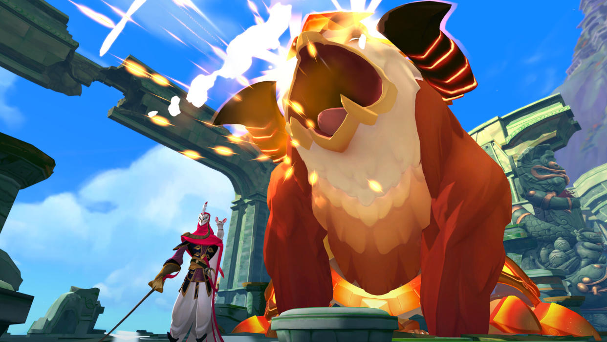  Gigantic screenshot - guy with a sword standing in front of a giant cat-like thing. 